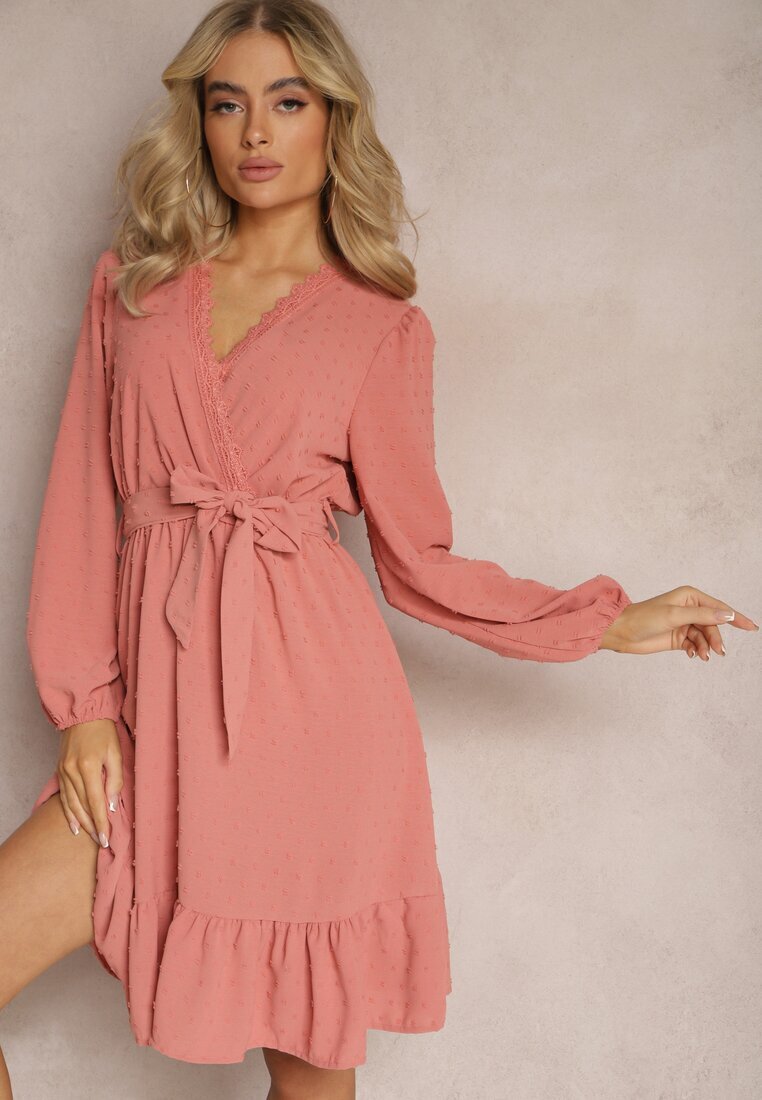 rosa Rochie Mini Roz Cloș cu Centură din Material din Țesătură Plumeti Digia