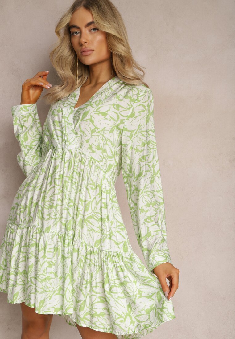 rosa Rochie Mini Tip plic Verde-Albă cu Volănaș și Imprimeu Decorativ Oletia