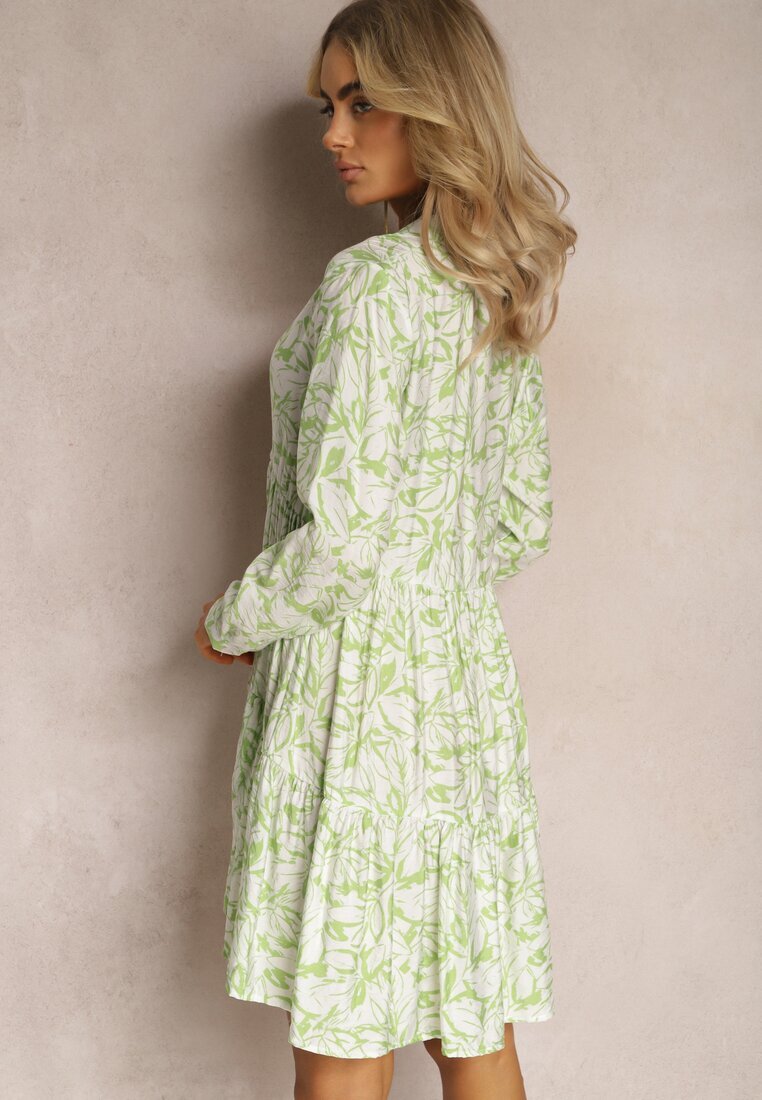 rosa Rochie Mini Tip plic Verde-Albă cu Volănaș și Imprimeu Decorativ Oletia