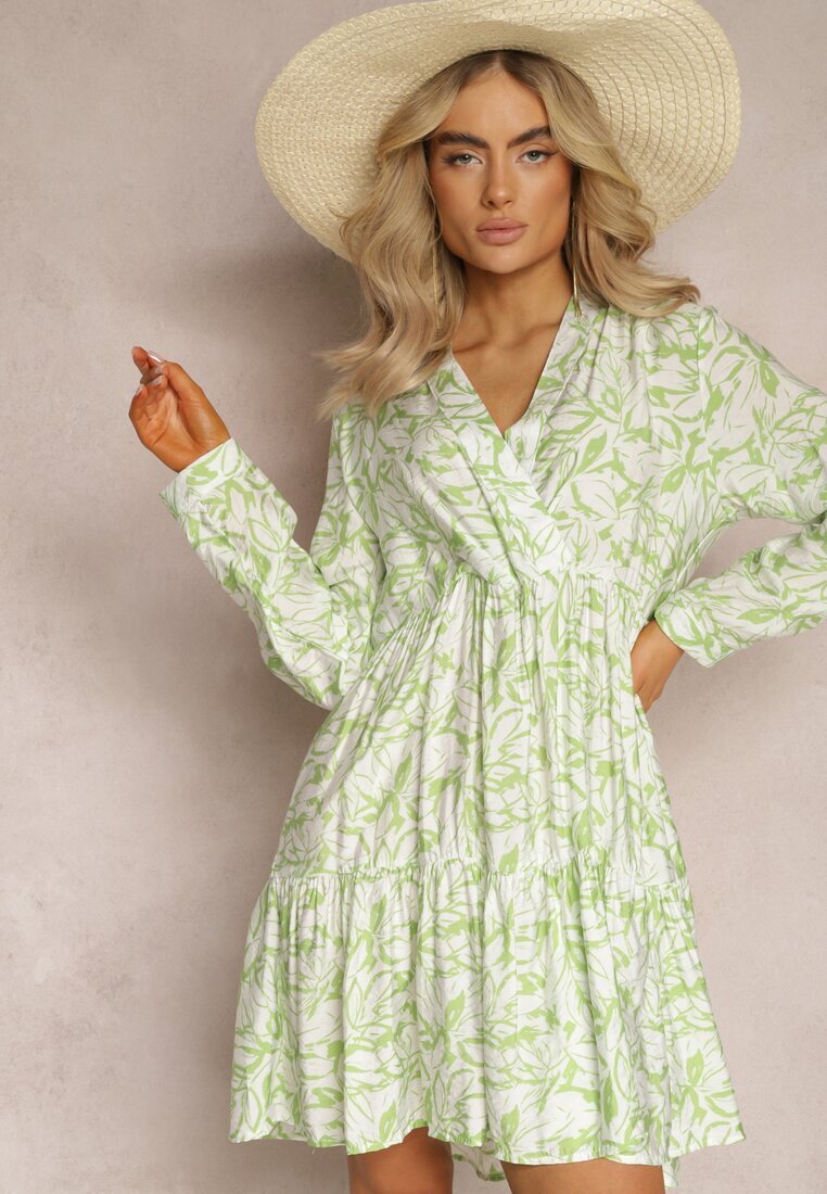 rosa Rochie Mini Tip plic Verde-Albă cu Volănaș și Imprimeu Decorativ Oletia