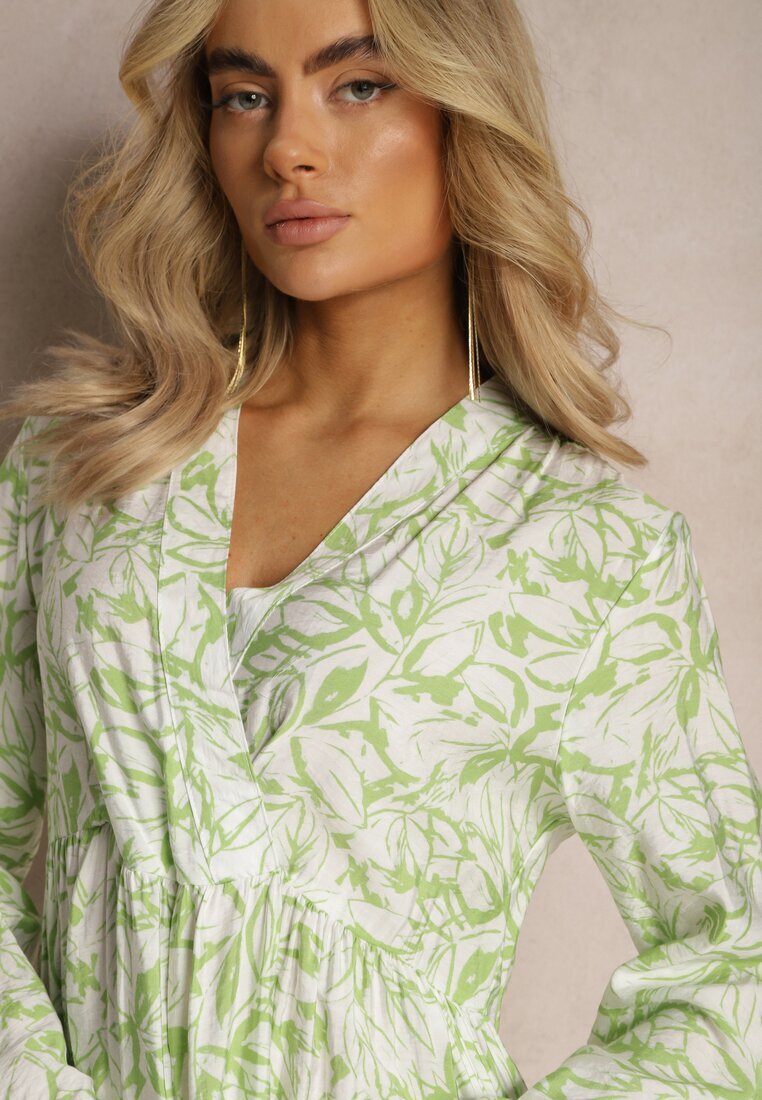 rosa Rochie Mini Tip plic Verde-Albă cu Volănaș și Imprimeu Decorativ Oletia
