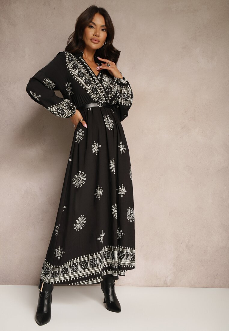 rosa Rochie Neagră cu model din Viscoză cu croială petrecută cu elastic și curea Zinalise