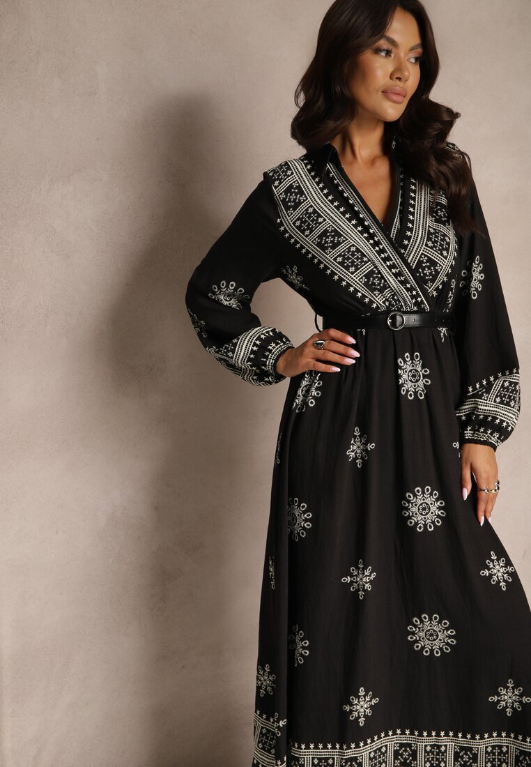 rosa Rochie Neagră cu model din Viscoză cu croială petrecută cu elastic și curea Zinalise