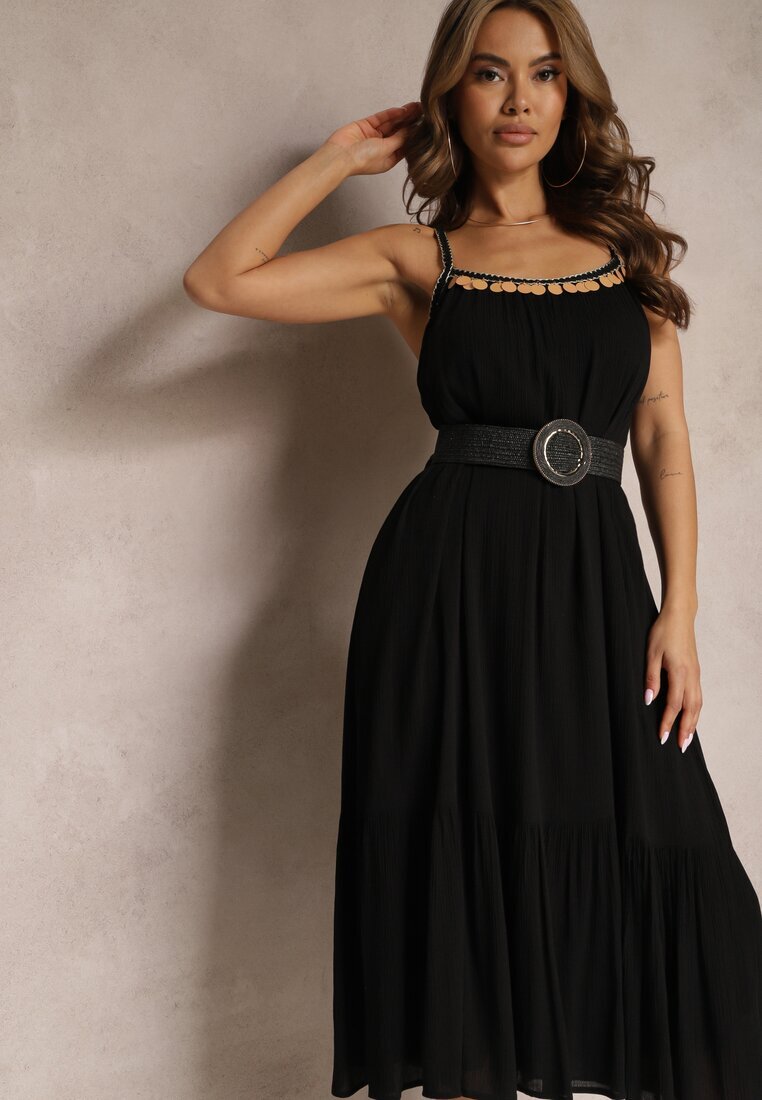 rosa Rochie Neagră din Viscoză cu Bretele Decorată cu Paiete și Fir Metalic Beloe