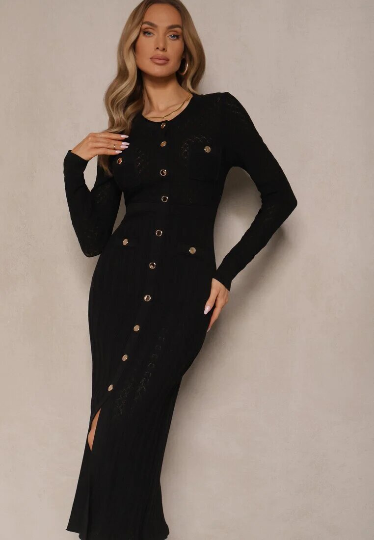 rosa Rochie Neagră din Viscoză cu croială mulată Decorată cu nasturi Novarena