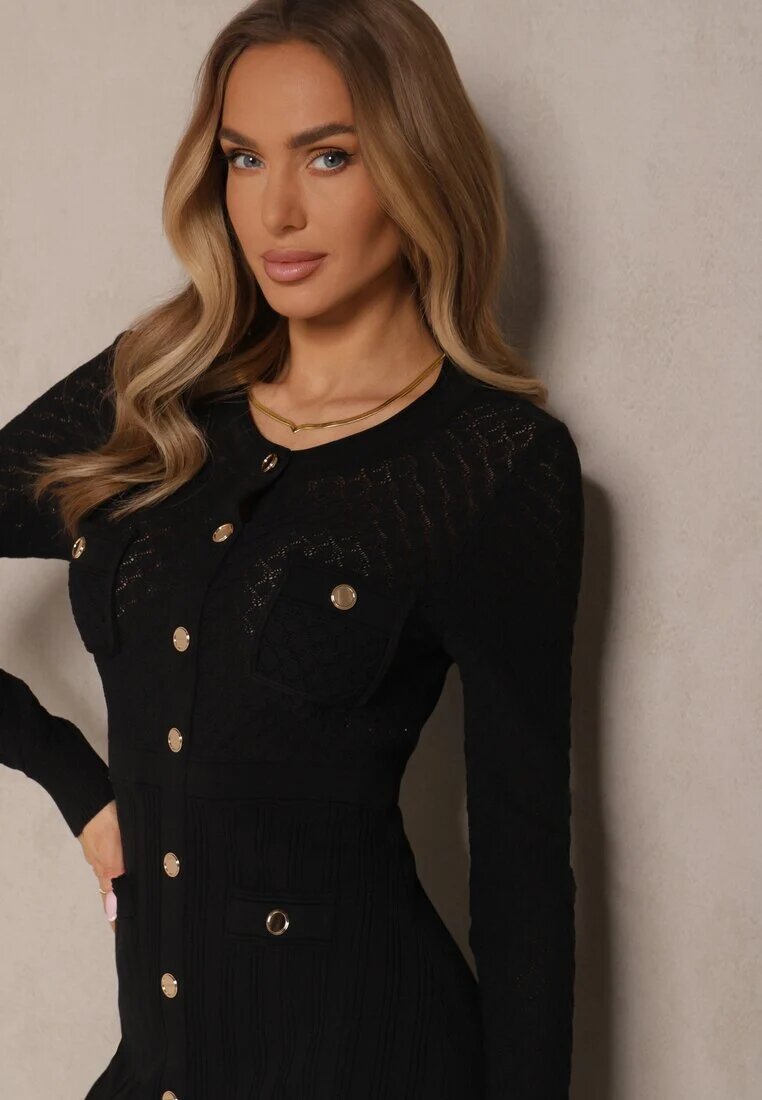 rosa Rochie Neagră din Viscoză cu croială mulată Decorată cu nasturi Novarena