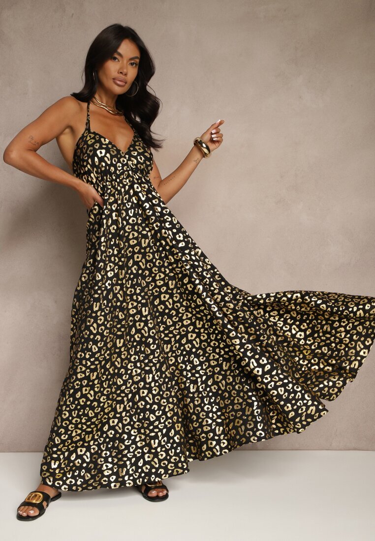 rosa Rochie neagră din viscoză halter decorată cu imprimeu metalic leopard Linaruna