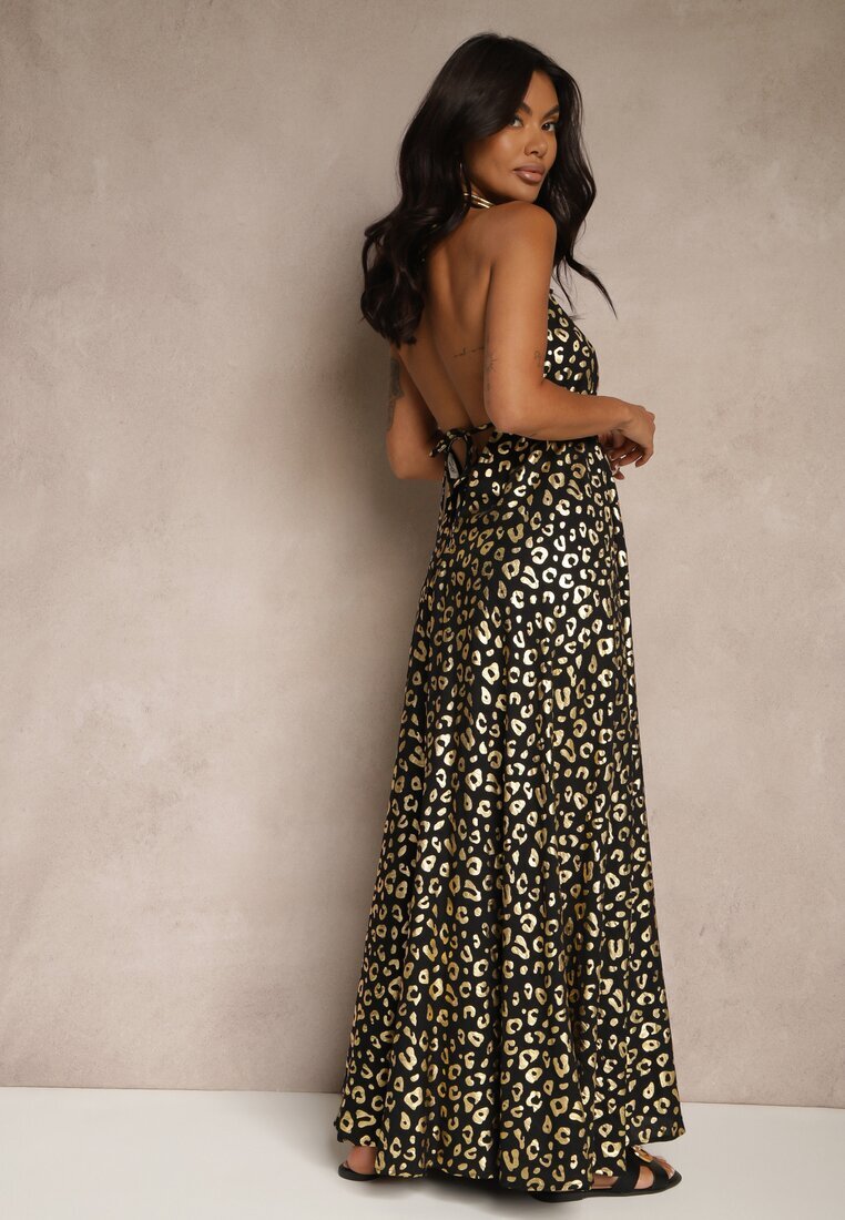 rosa Rochie neagră din viscoză halter decorată cu imprimeu metalic leopard Linaruna