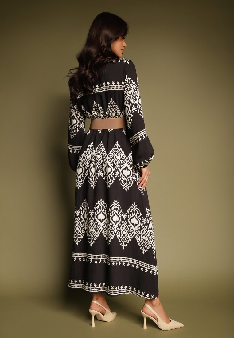 rosa Rochie Negră Imprimată din Viscoză cu Croi Petrecut cu Centură și Elastic în Talie Sagilaine