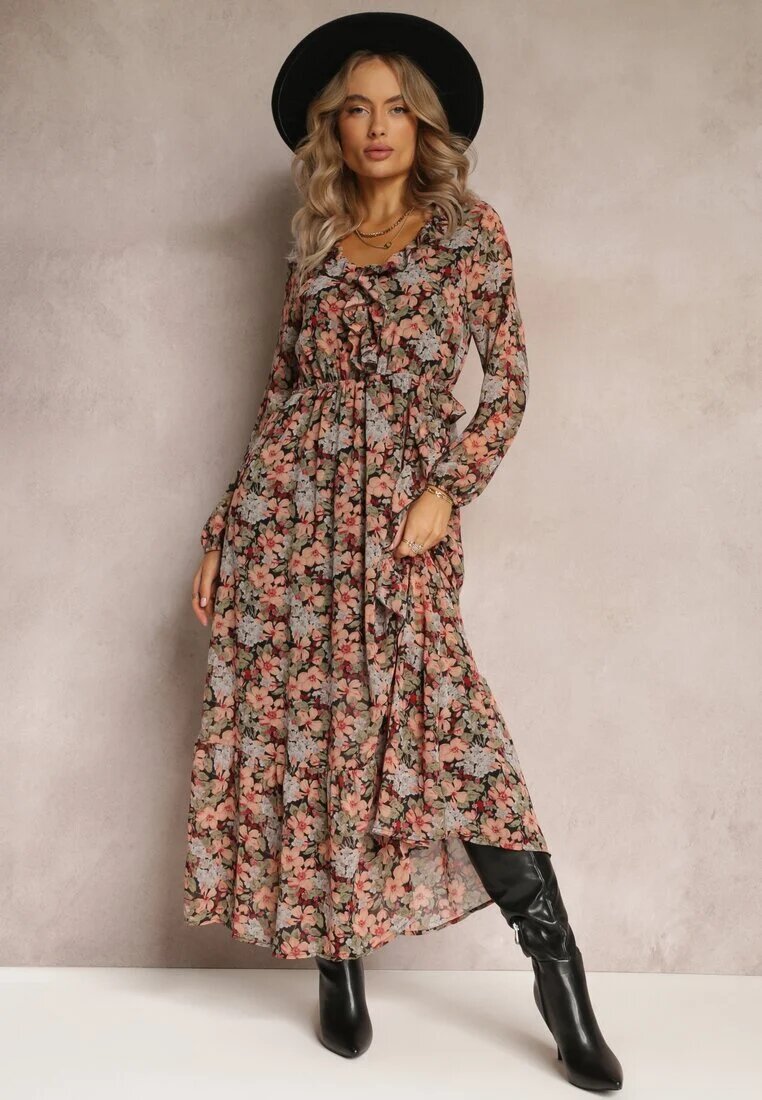 rosa Rochie Negru-Bej Cloș Florală Cu elastic în talie Bledareta