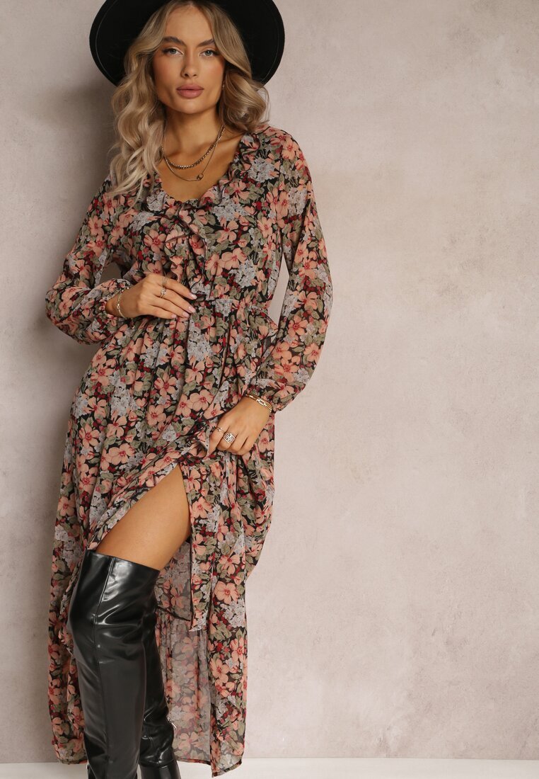 rosa Rochie Negru-Bej Cloș Florală Cu elastic în talie Bledareta