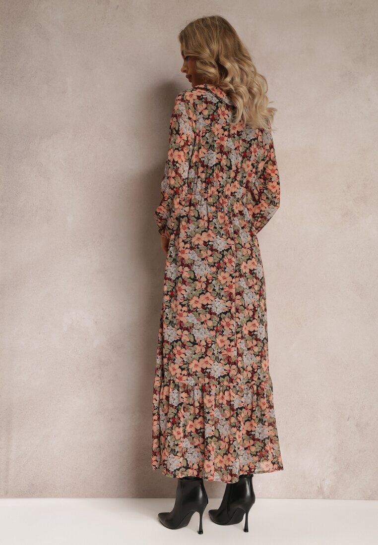 rosa Rochie Negru-Bej Cloș Florală Cu elastic în talie Bledareta