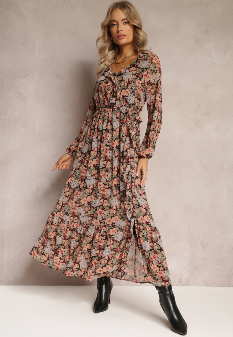 rosa Rochie Negru-Bej Cloș Florală Cu elastic în talie Bledareta