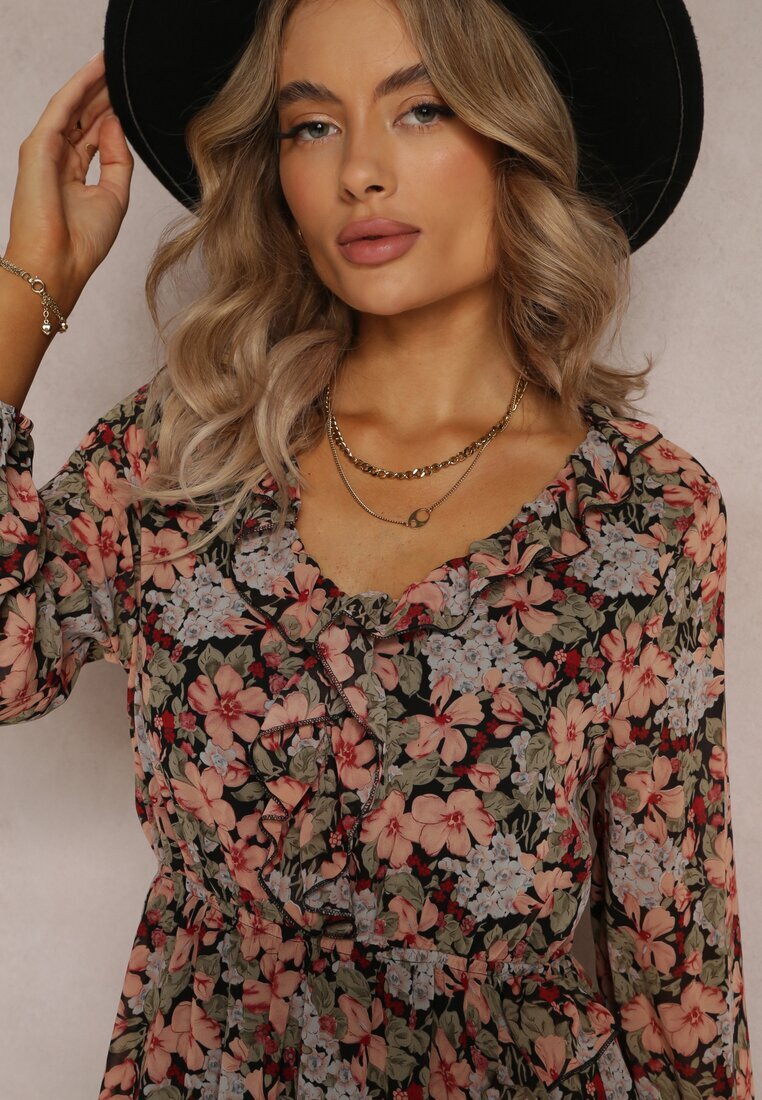 rosa Rochie Negru-Bej Cloș Florală Cu elastic în talie Bledareta