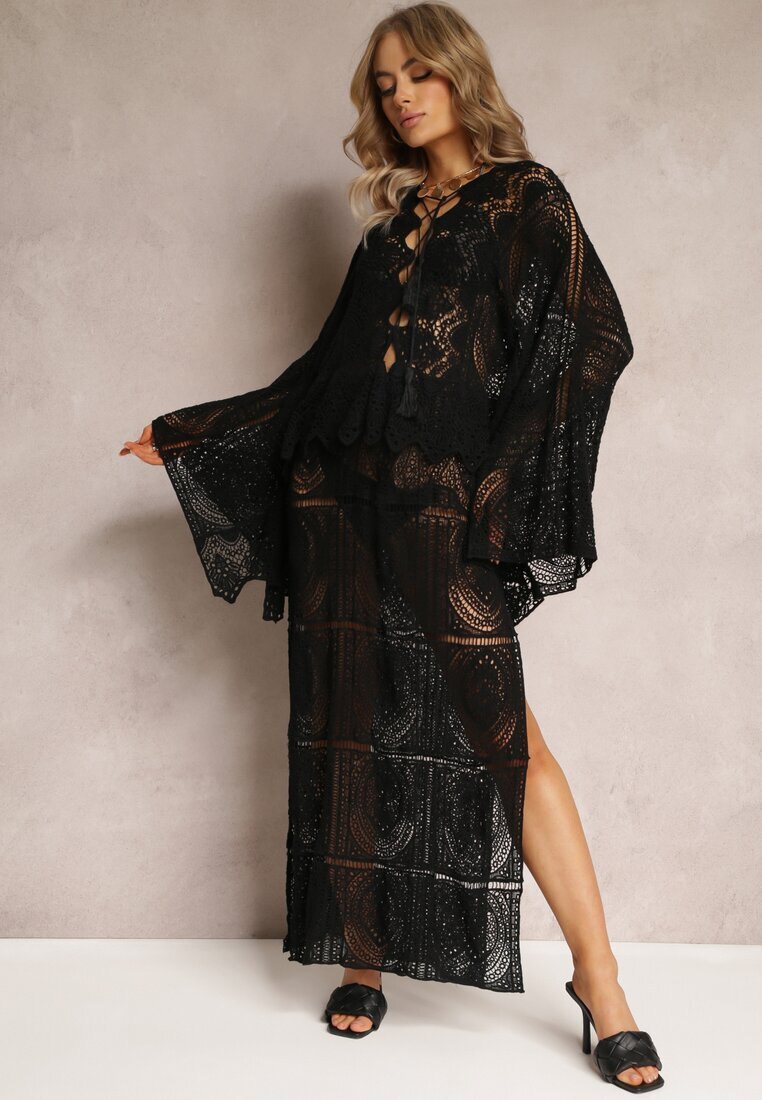 rosa Rochie Negru Croșetată Maxi cu Decupaje și Legătură Upenna