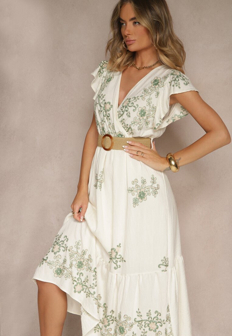 rosa Rochie petrecută alb-verde din viscoză decorată cu broderie și cordon Nilatea