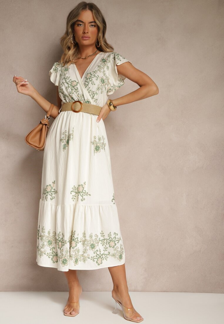 rosa Rochie petrecută alb-verde din viscoză decorată cu broderie și cordon Nilatea