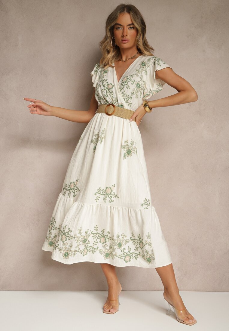 rosa Rochie petrecută alb-verde din viscoză decorată cu broderie și cordon Nilatea