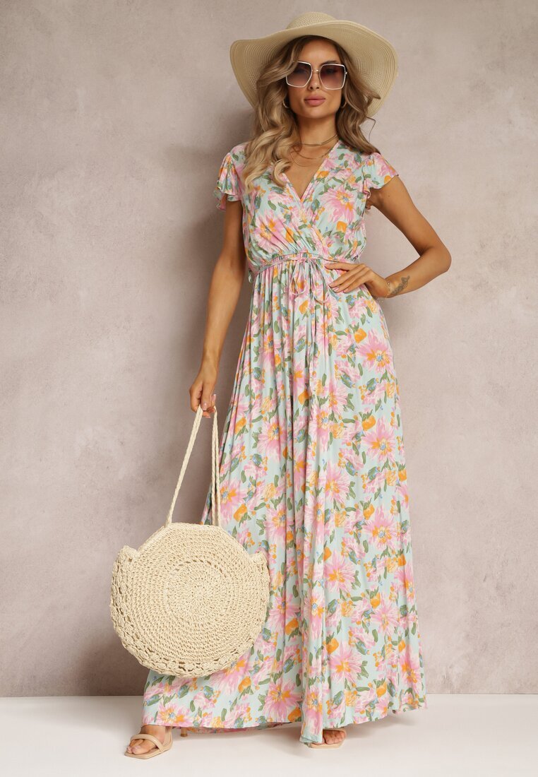 rosa Rochie petrecută albastru deschis cu elastic în talie cu flori Toma