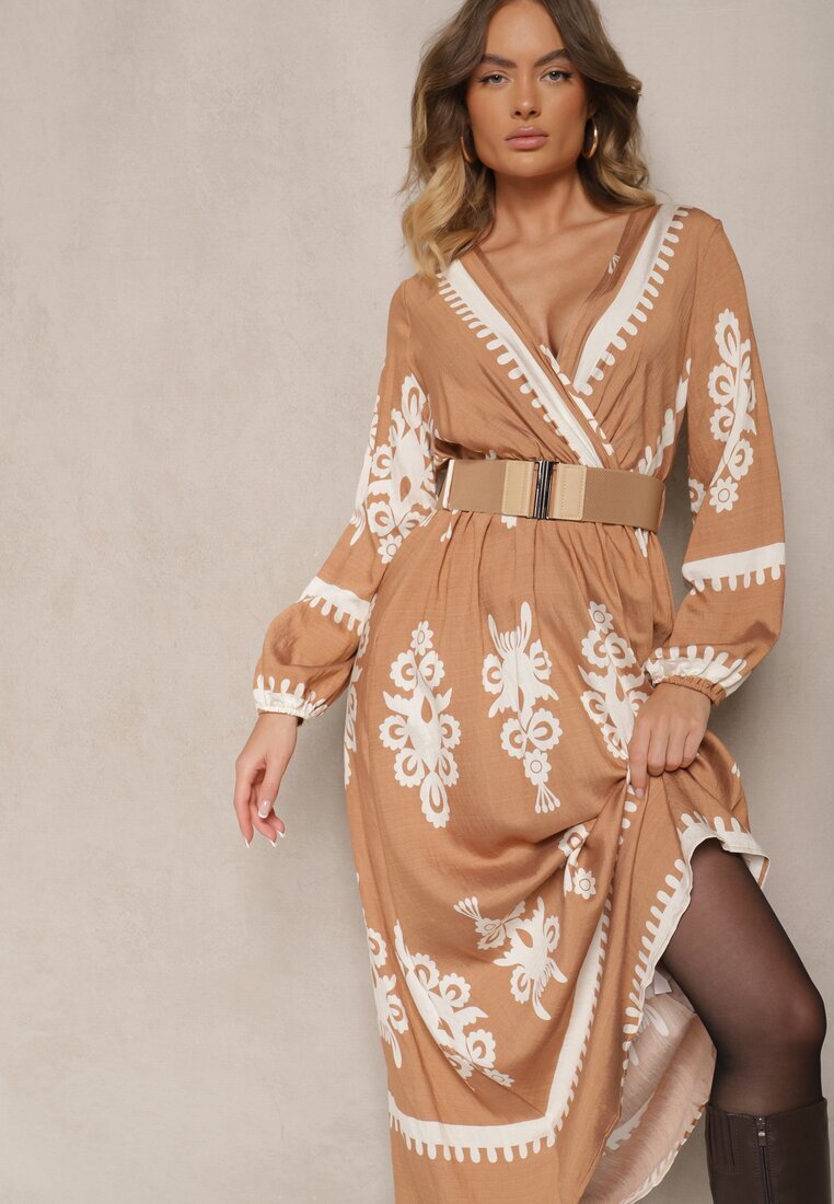 rosa Rochie petrecută bej cu viscoză cu model etnic cu elastic și curea în talie Tifissa