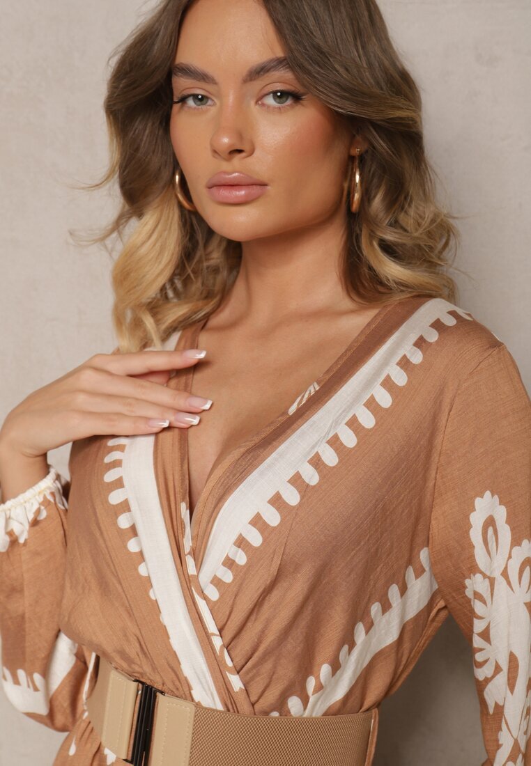 rosa Rochie petrecută bej cu viscoză cu model etnic cu elastic și curea în talie Tifissa