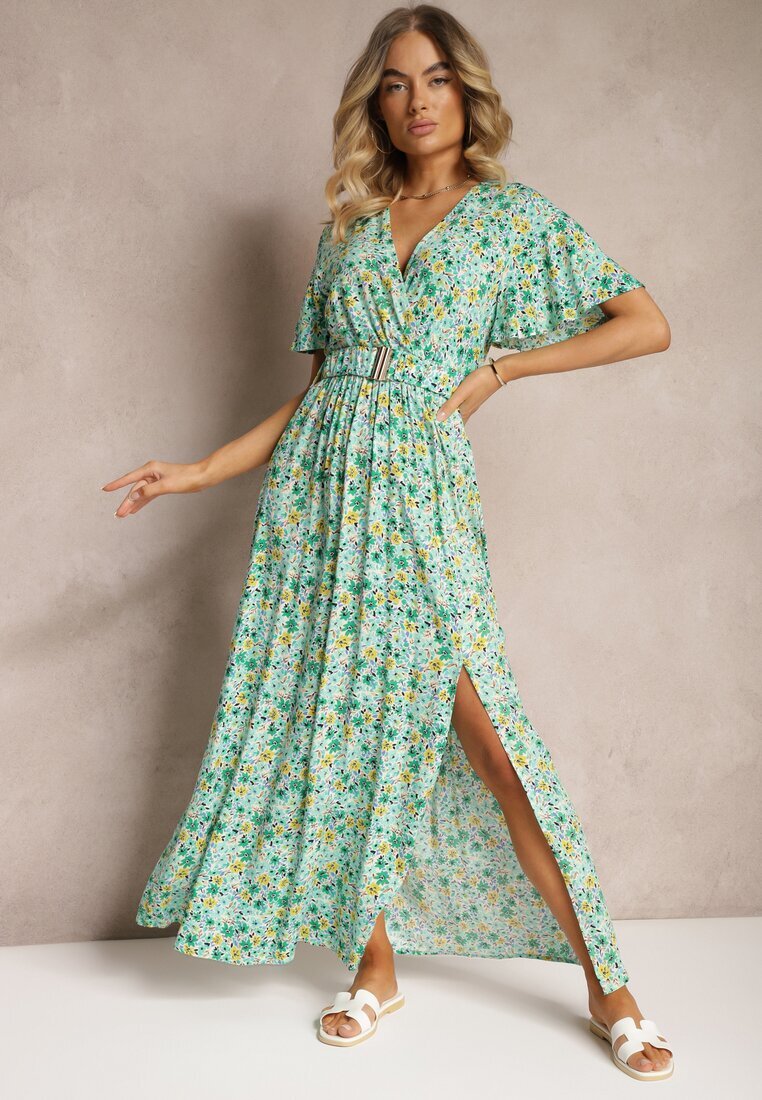 rosa Rochie petrecută verde din viscoză cu centură din material și elastic în talie cu șliț Vikali
