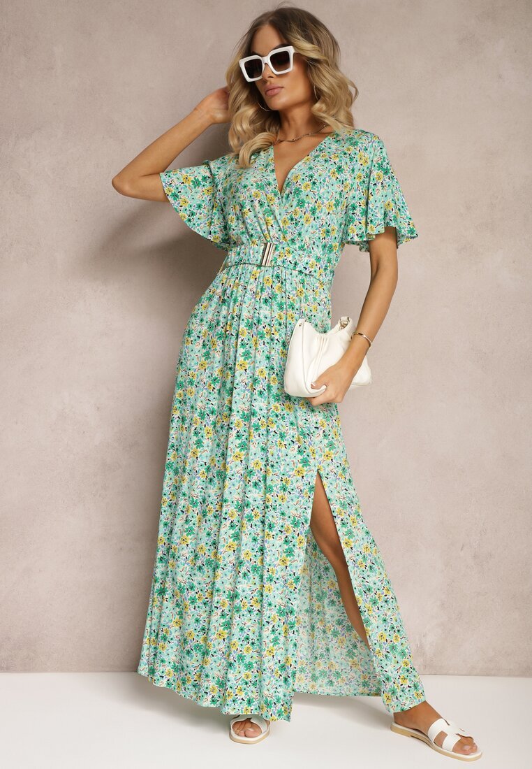 rosa Rochie petrecută verde din viscoză cu centură din material și elastic în talie cu șliț Vikali