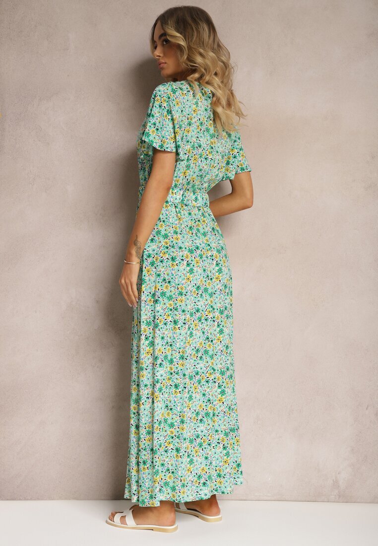rosa Rochie petrecută verde din viscoză cu centură din material și elastic în talie cu șliț Vikali