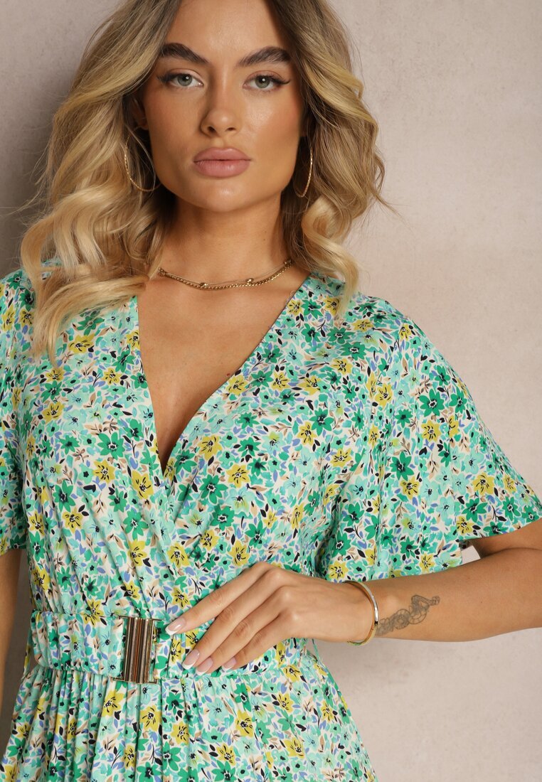 rosa Rochie petrecută verde din viscoză cu centură din material și elastic în talie cu șliț Vikali