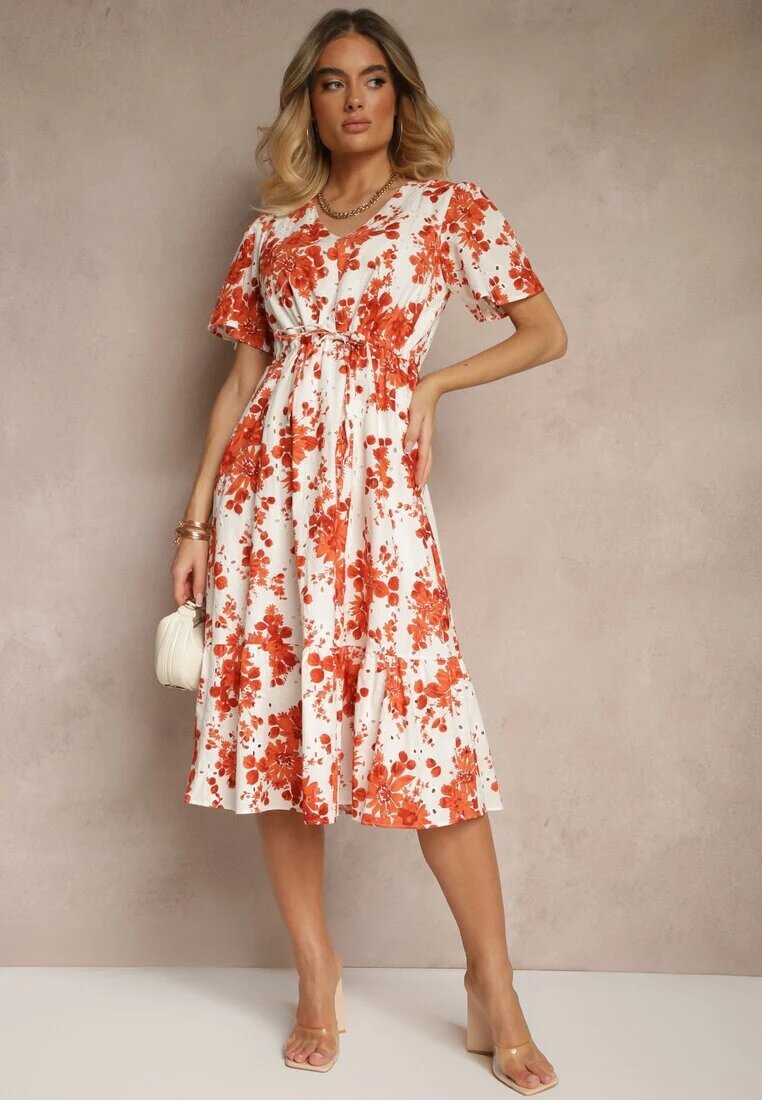 rosa Rochie Portocalie de Bumbac Cloș Perforată cu Imprimeu Floral Velbia