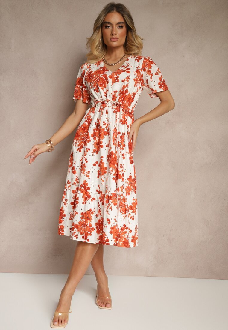 rosa Rochie Portocalie de Bumbac Cloș Perforată cu Imprimeu Floral Velbia