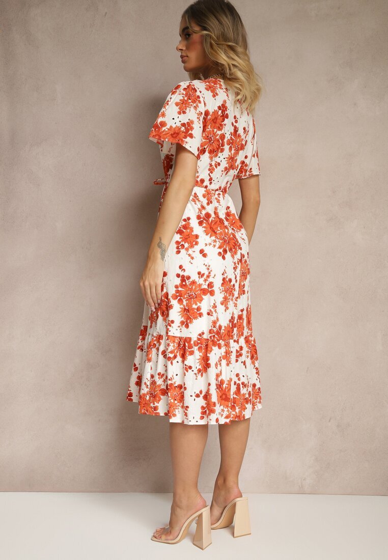 rosa Rochie Portocalie de Bumbac Cloș Perforată cu Imprimeu Floral Velbia