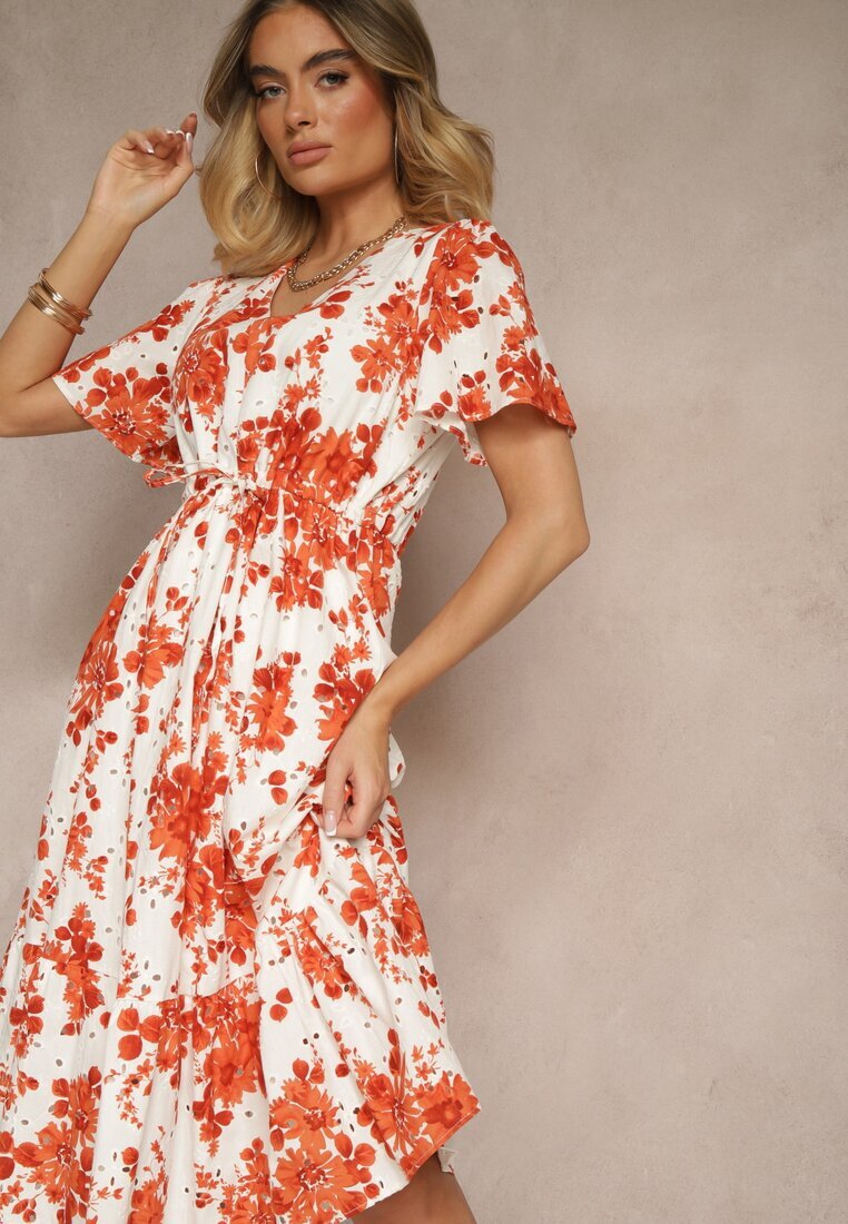 rosa Rochie Portocalie de Bumbac Cloș Perforată cu Imprimeu Floral Velbia