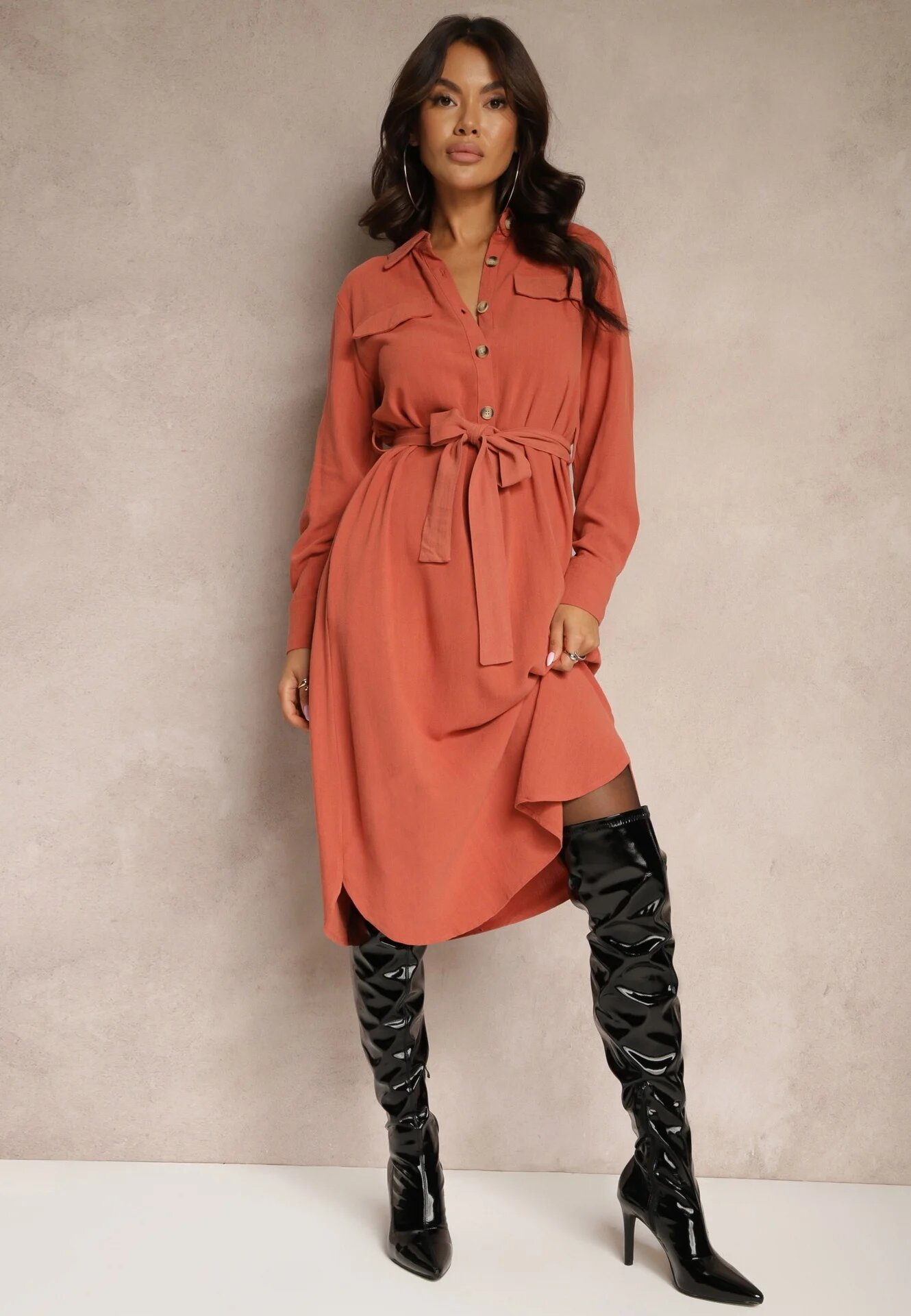 rosa Rochie portocalie din bumbac stil cămașă legată în talie Zinrose