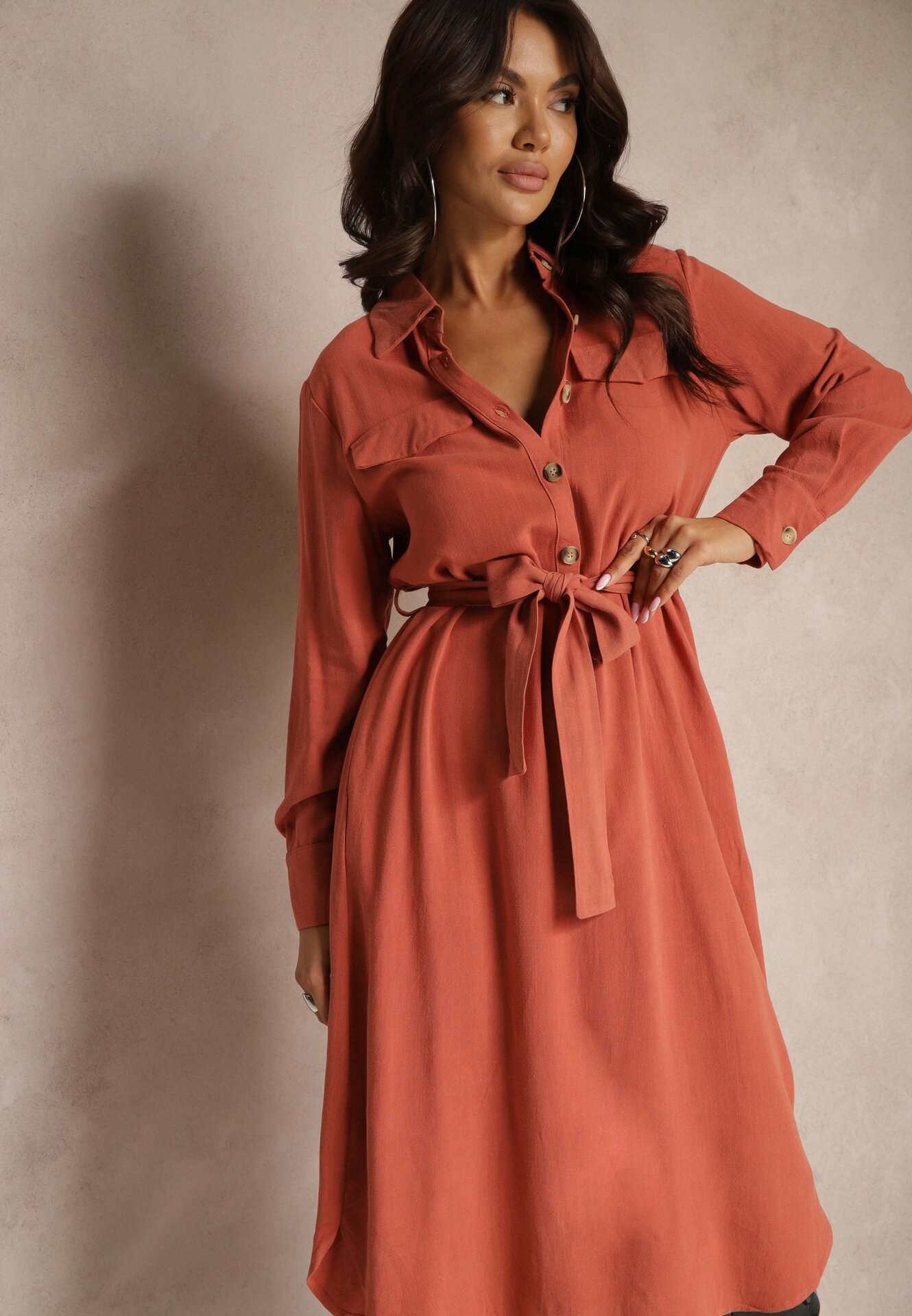 rosa Rochie portocalie din bumbac stil cămașă legată în talie Zinrose