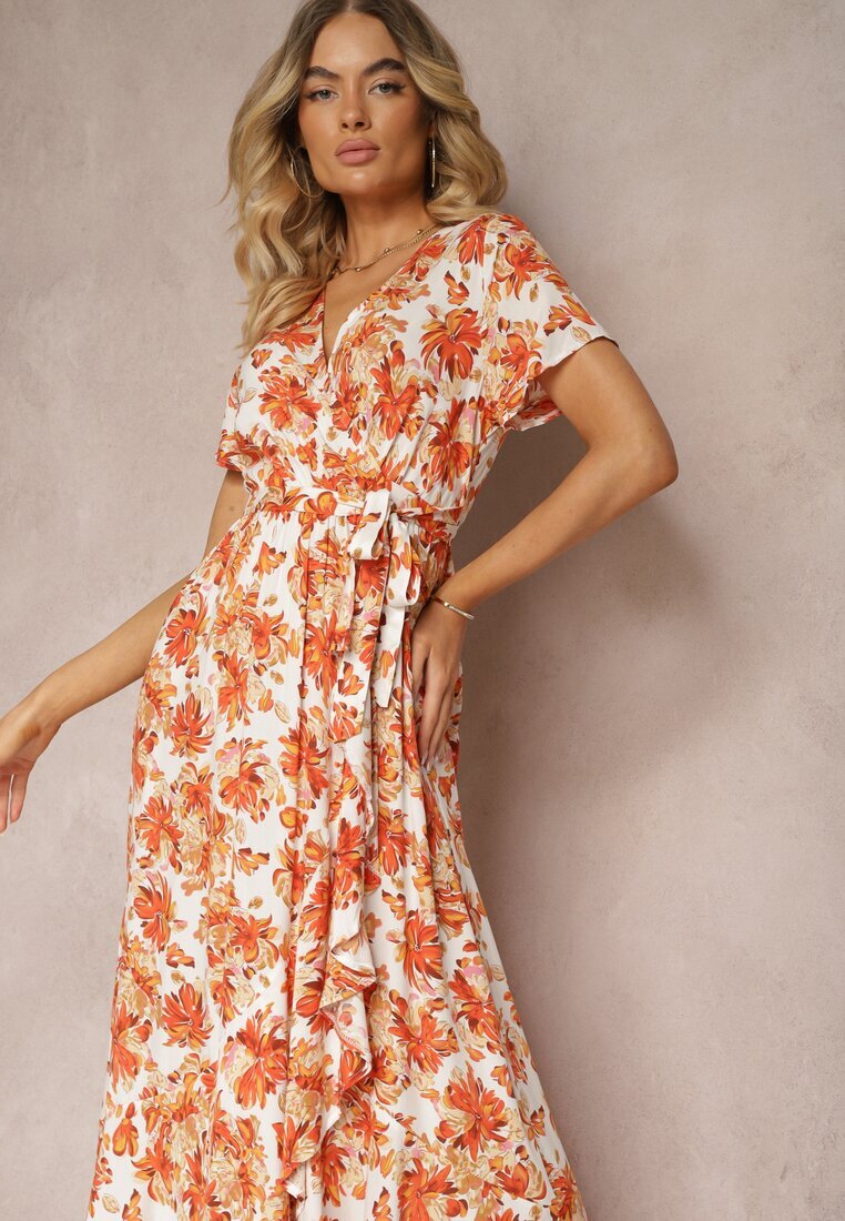 rosa Rochie Portocalie Evazată din Viscoză cu elastic în talie și curea din material textil Vikllia
