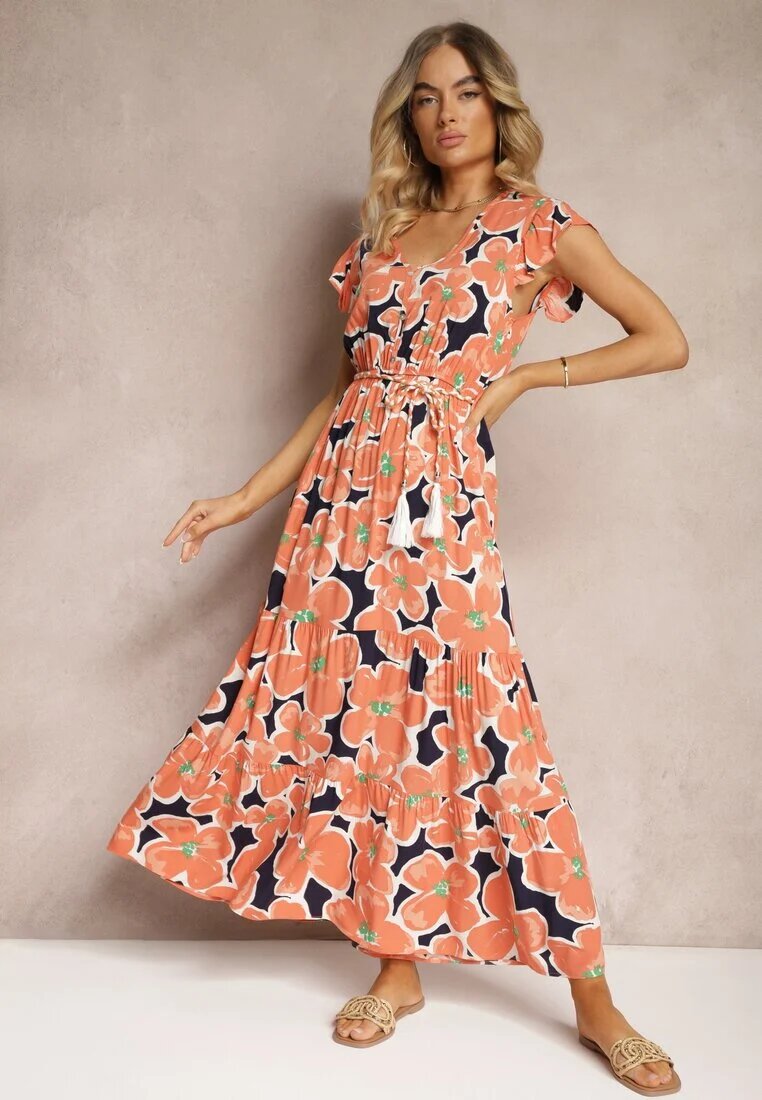 rosa Rochie Portocalie Florală din Viscoză cu Elastic în Talie și Cordon din Material Vikennia