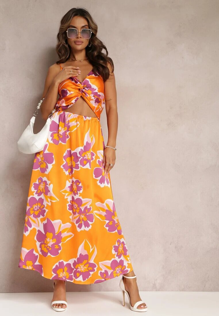 rosa Rochie Portocalie Maxi cu Decupaj la abdomen și Elastic în talie Rlice