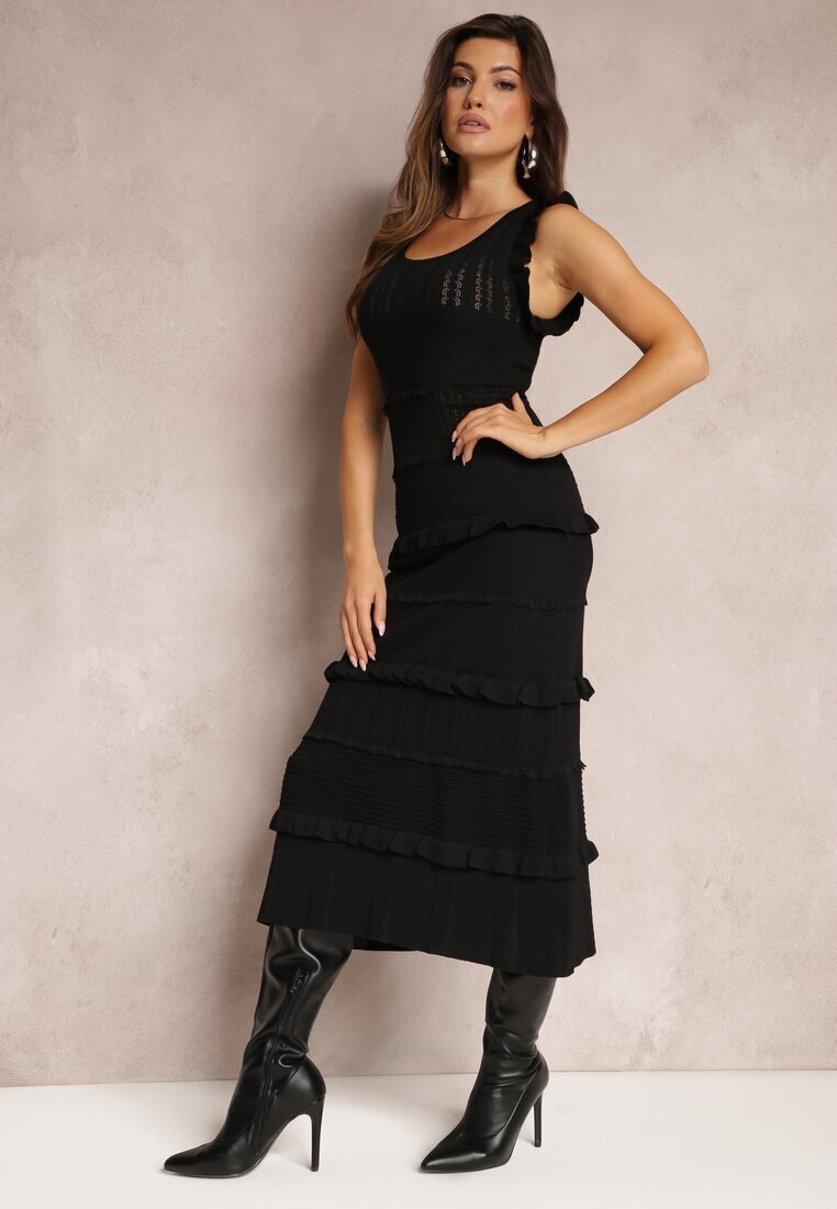 rosa Rochie Pulover Neagră Cintrată cu Volane Jaallee