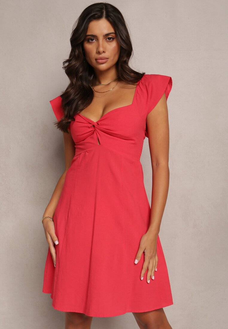 rosa Rochie Roșie Cloș Mini Din bumbac Cu mânecă scurtă și decupaj sub bust Tremael
