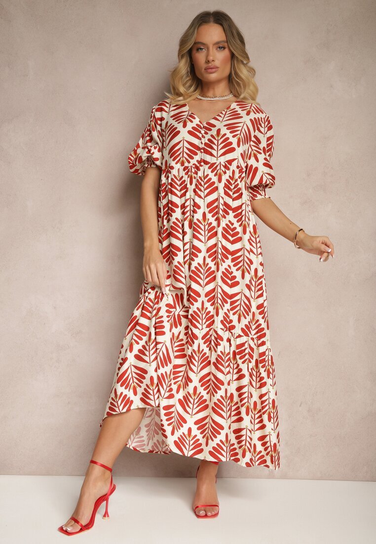 rosa Rochie Roșie din Viscoza cu croiala clos cu imprimeu floral Heledis