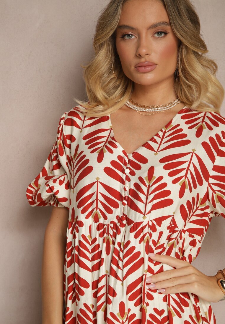 rosa Rochie Roșie din Viscoza cu croiala clos cu imprimeu floral Heledis