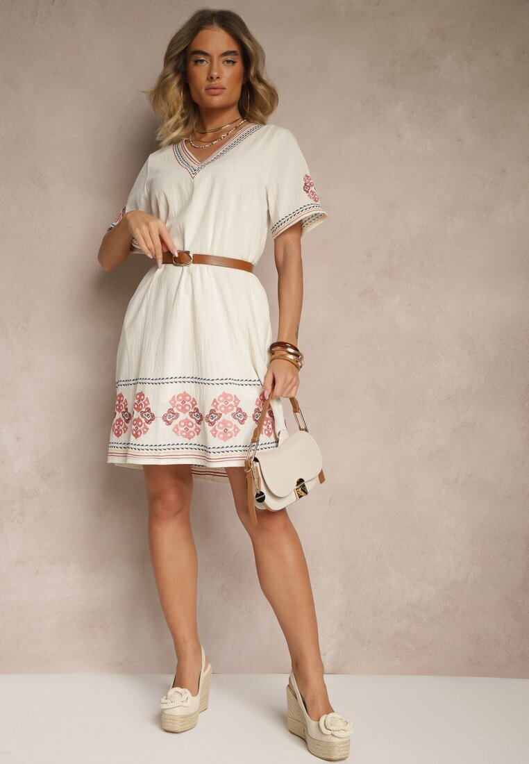 rosa Rochie Roșie Dreaptă din Bumbac cu Broderii Stil Boho Felkio