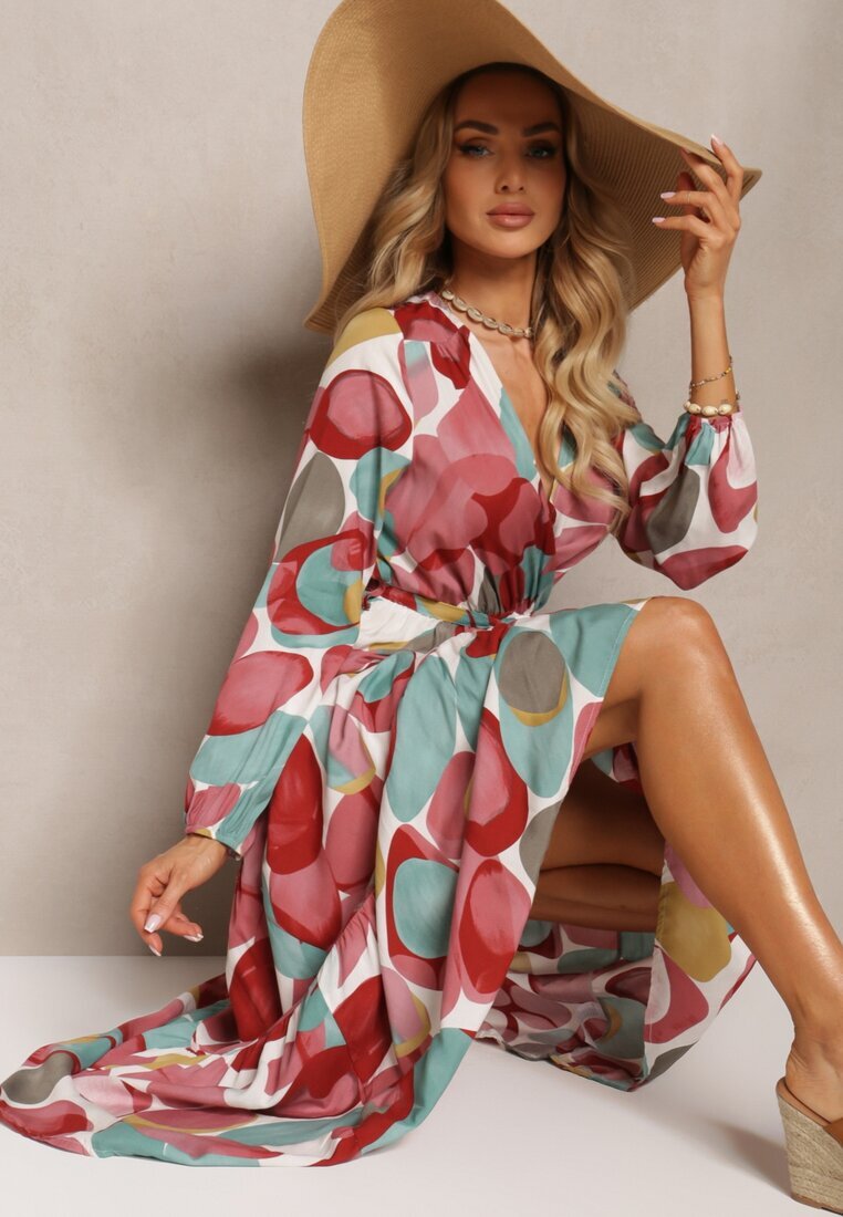 rosa Rochie Roșu-Verde din Viscoză cu Decolteu Triunghiular cu Elastic în Talie și Curea din Material Fiavena