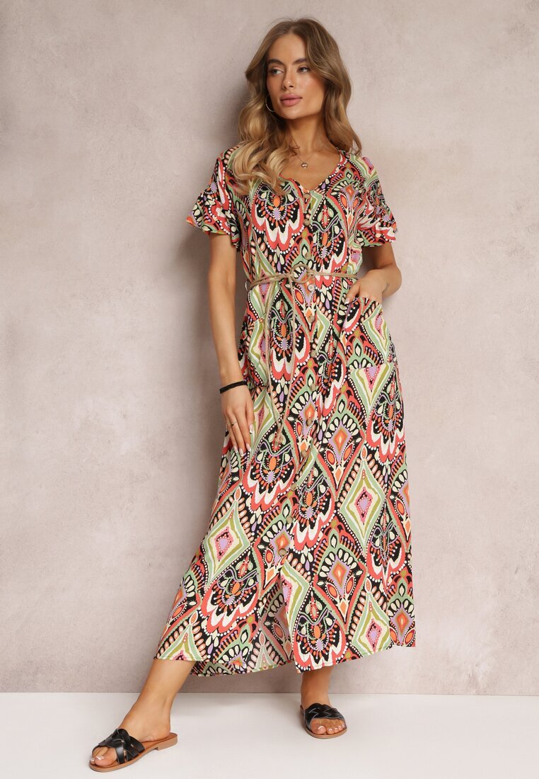rosa Rochie Roșu-Verde Maxi cu Mânecă Scurtă și Șnur în Talie Nosine