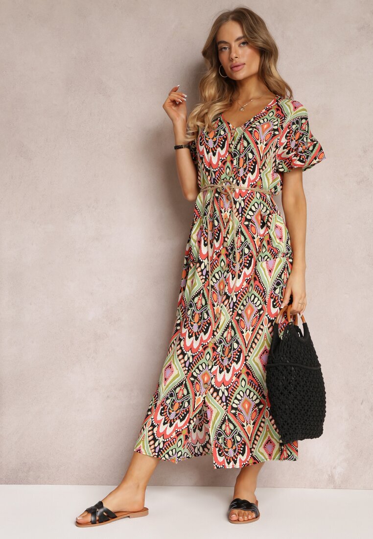 rosa Rochie Roșu-Verde Maxi cu Mânecă Scurtă și Șnur în Talie Nosine