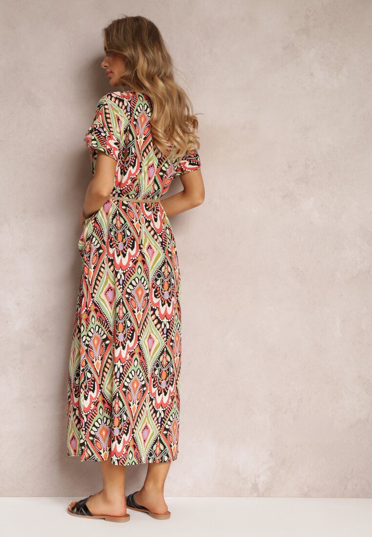 rosa Rochie Roșu-Verde Maxi cu Mânecă Scurtă și Șnur în Talie Nosine