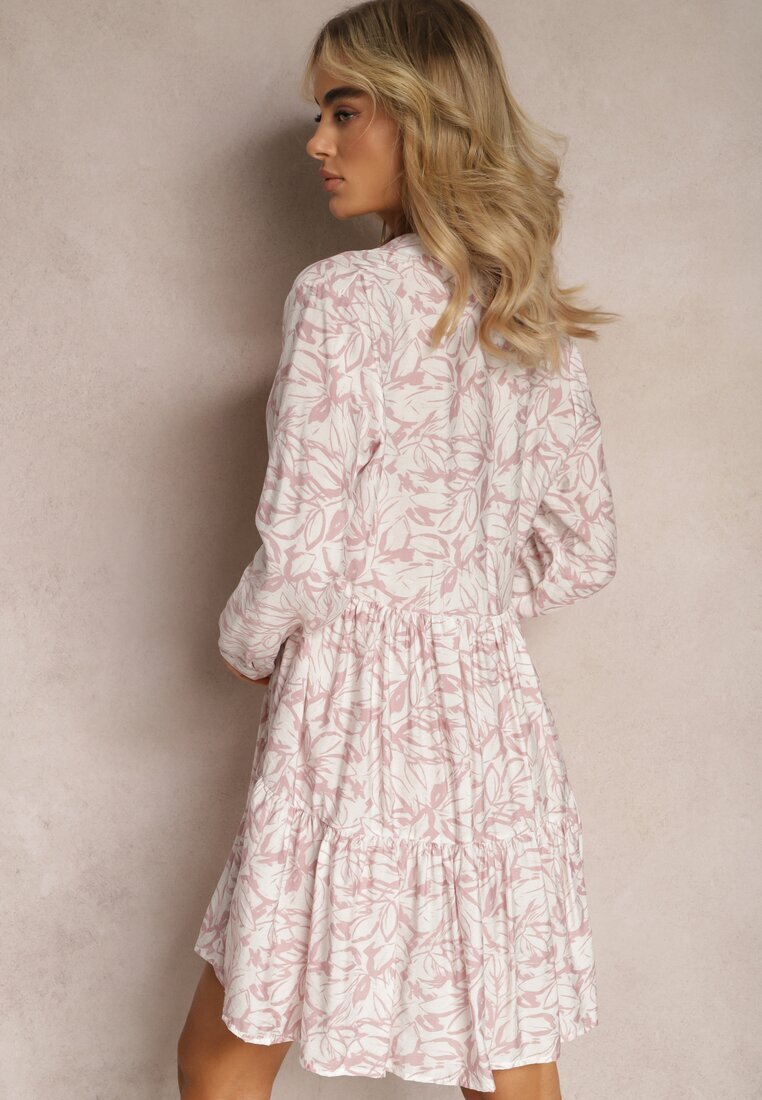 rosa Rochie Roz-Albă Petrecută Mini cu Volan și Print Decorativ Oletia