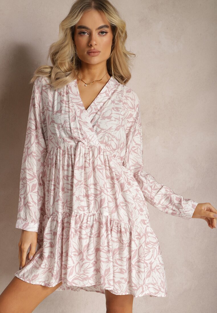 rosa Rochie Roz-Albă Petrecută Mini cu Volan și Print Decorativ Oletia