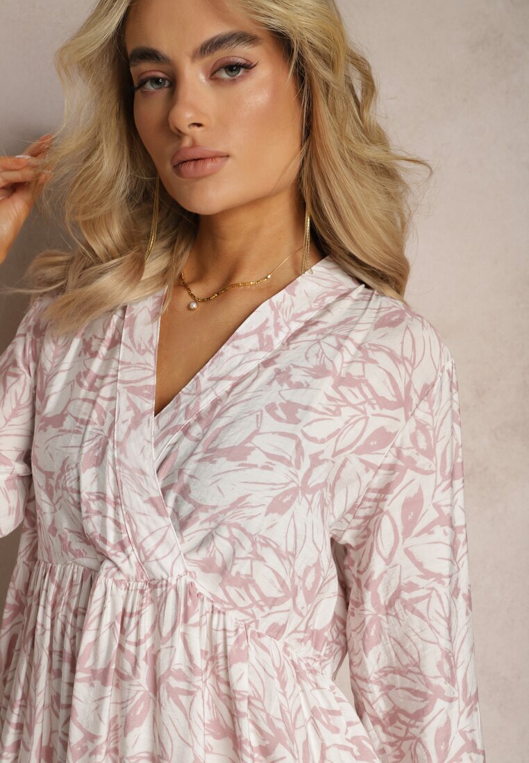 rosa Rochie Roz-Albă Petrecută Mini cu Volan și Print Decorativ Oletia